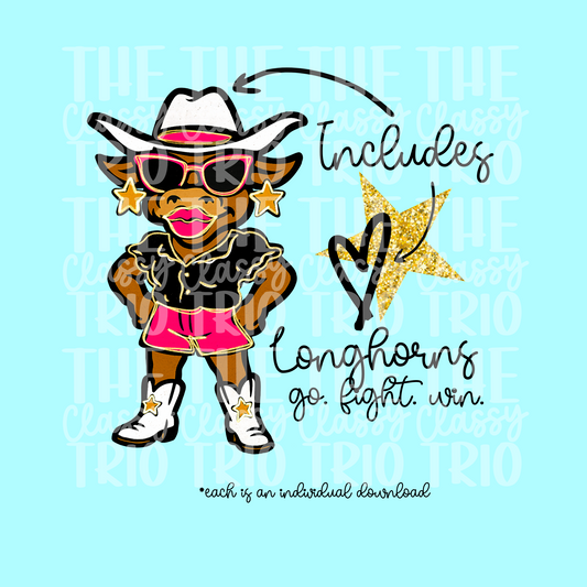 Longhorn Glitz Glam | Team Drawing Digital Design | PNG | Sublimation | Preppy Mascot Design | Kid Adult Shirt Design | Original Creator