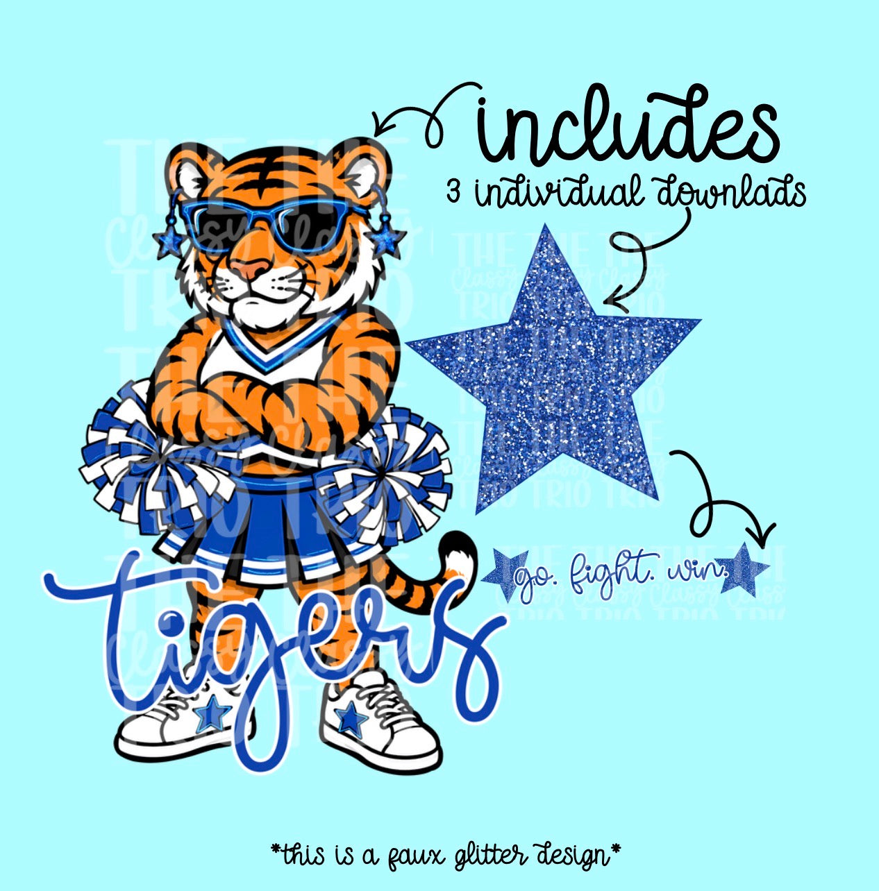 Tigers Mascot PNG | Team Spirit Sublimation DTF Design, Blue White Cheerleading, School Spirit Wear Trending (Digital File)