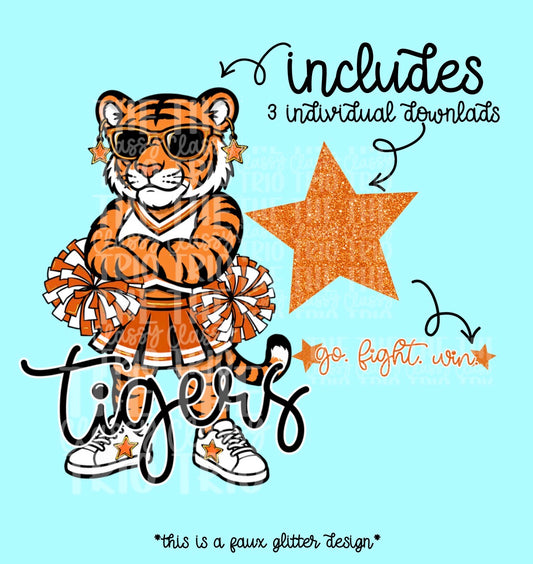 Tigers Mascot PNG | Team Spirit Sublimation DTF Design, Orange Black White Cheerleading, School Spirit Wear Trending (Digital File)