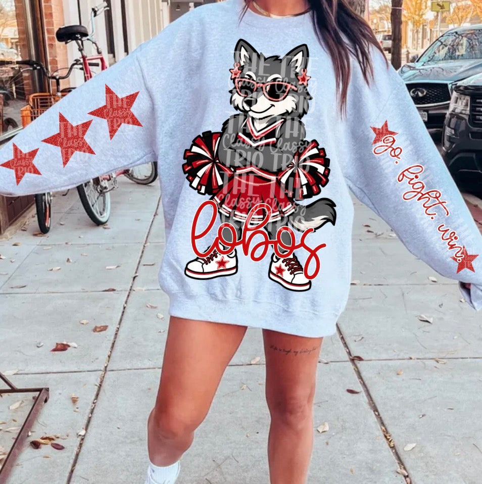 Lobos Red Black White Cheer Mascot PNG | Team Spirit Sublimation Design, Cheerleading, School Spirit Wear (Digital File)