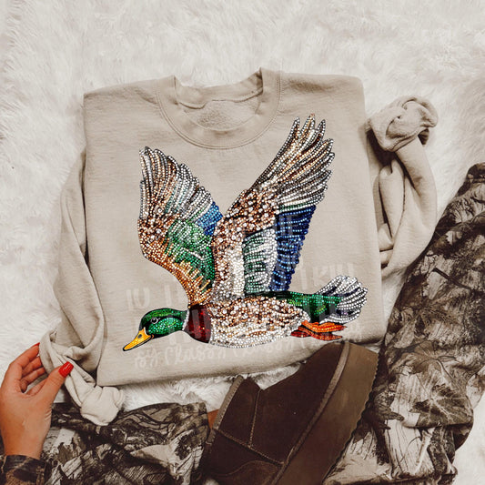 Faux Rhinestone Mallard Duck Flying | Digital Design | PNG | Sublimation | DTF | Agriculture | Hunting Shirt Design | Country | Trending