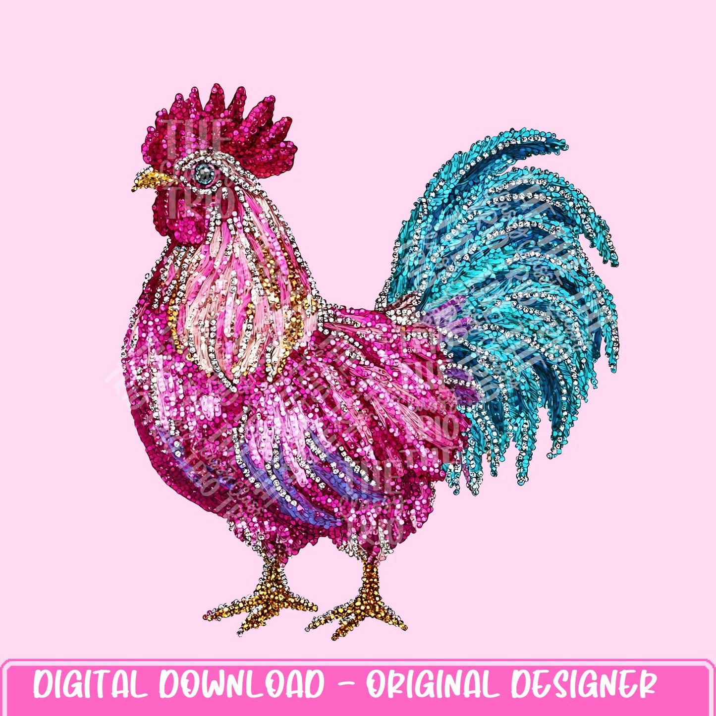 Faux Rhinestone Chicken Rooster | Digital Design | PNG | Sublimation | DTF | Agriculture | Pink Turquoise Shirt Design | Country | Trending