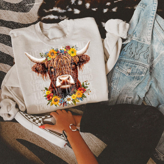 Faux Rhinestone Highland Cow Floral | Digital Design | PNG | Sublimation | DTF | Cow | Hunting Shirt Design | Country | Trending