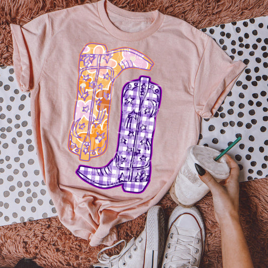 Plaid Floral Cowgirl Boots | Digital Design | PNG | Sublimation | Western Design | Preppy | Country Shirt Design | Pink Purple Orange