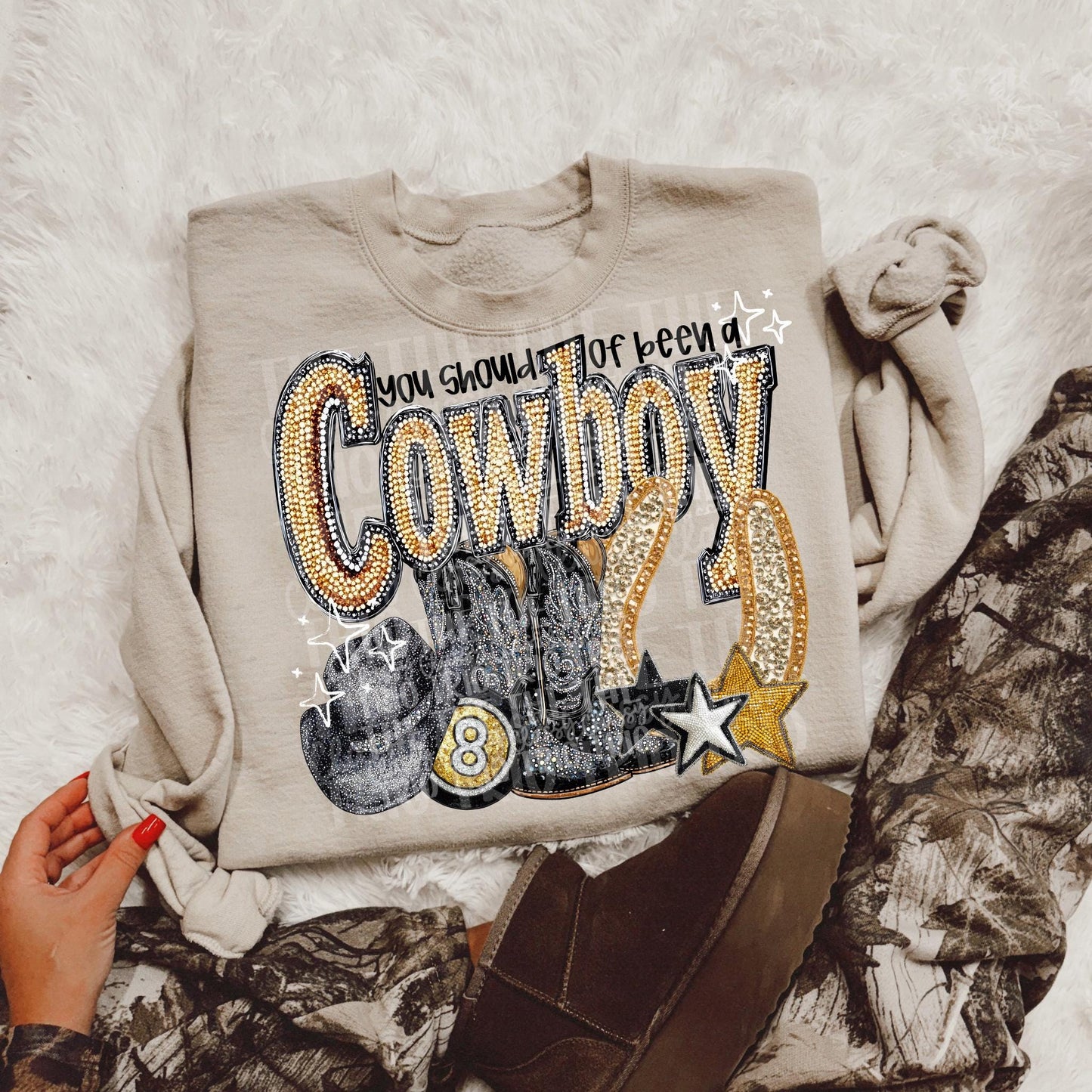 Should of Been A Cowboy Faux Rhinestone | Digital Design | PNG | Sublimation DTF | Retro Western | Country Shirt Design | Trend Shirt |