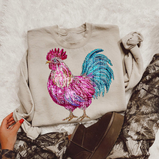 Faux Rhinestone Chicken Rooster | Digital Design | PNG | Sublimation | DTF | Agriculture | Pink Turquoise Shirt Design | Country | Trending