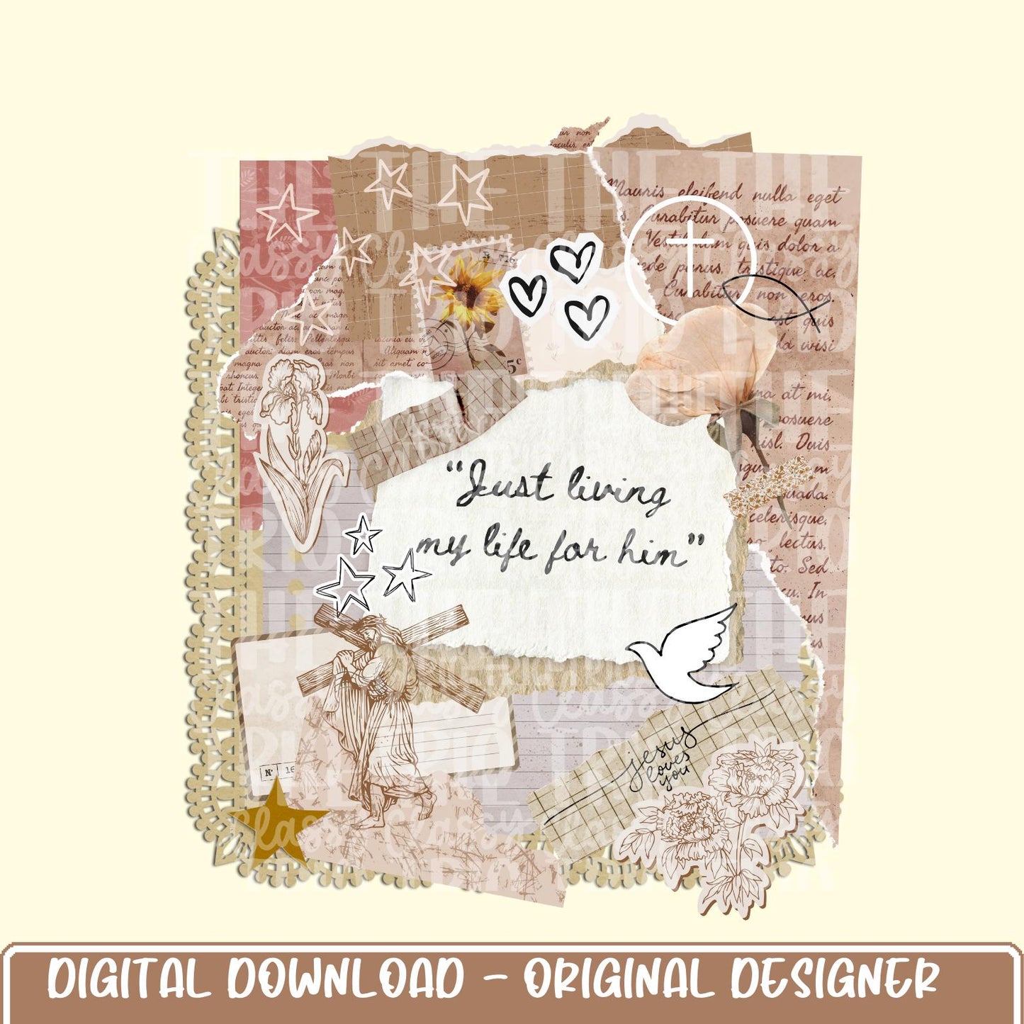 Vintage Jesus Live for Him Collage | Digital Design | PNG | Sublimation | Bible | Kid Adult Shirt Design | Original Creator | Scallop