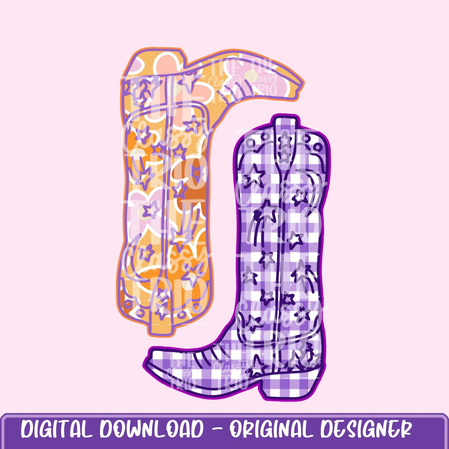 Plaid Floral Cowgirl Boots | Digital Design | PNG | Sublimation | Western Design | Preppy | Country Shirt Design | Pink Purple Orange