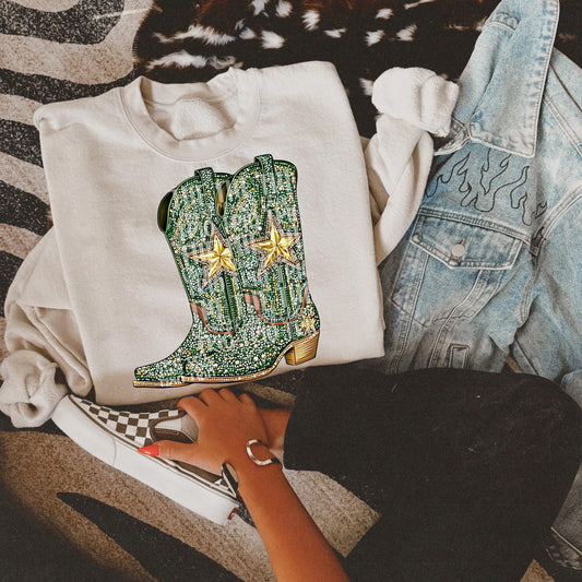 Faux Rhinestone Green Gold Cowboy Boots | Digital Design | PNG | Sublimation | DTF | St Patricks Day | Western Shirt Design | Trending