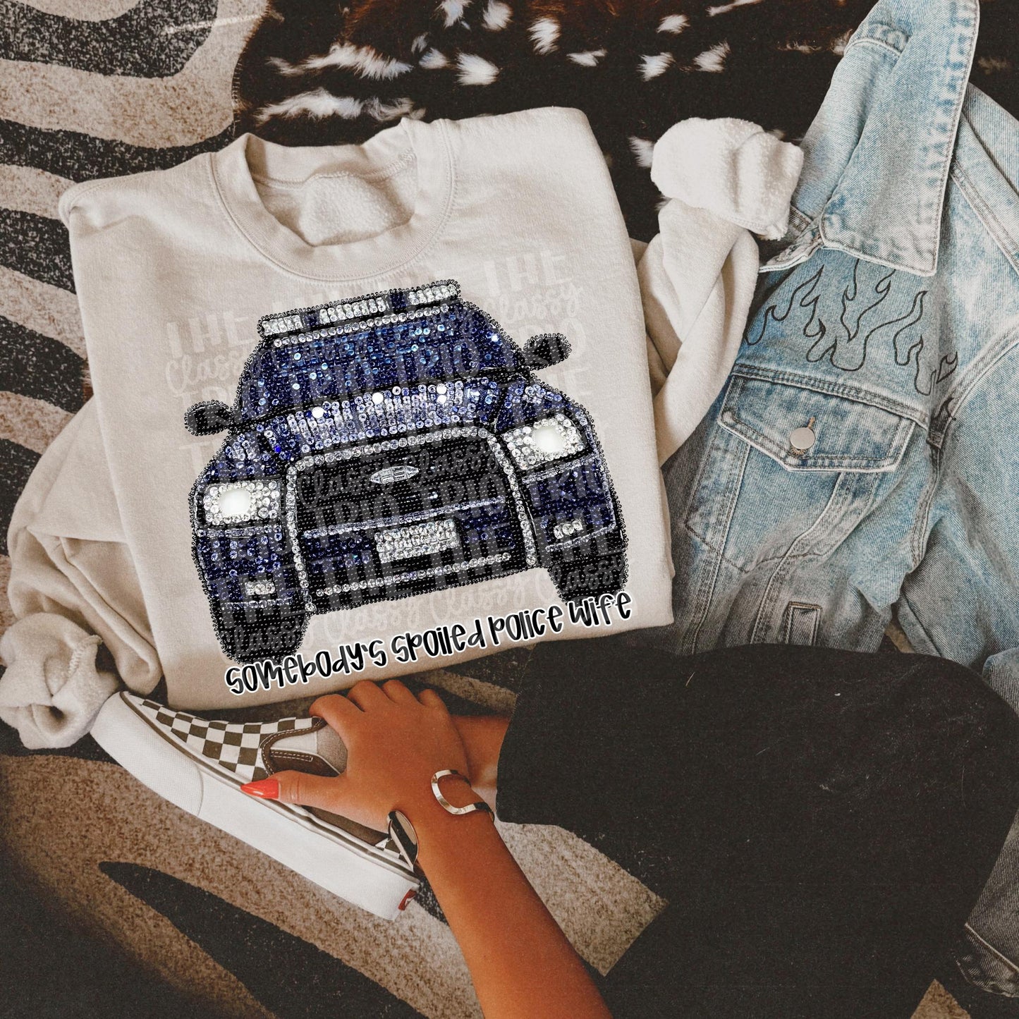 Faux Rhinestone Spoiled Police Wife | Digital Design | PNG | Sublimation | DTF | Work | Wife Shirt Design | Spoiled Blue Collared | Trending