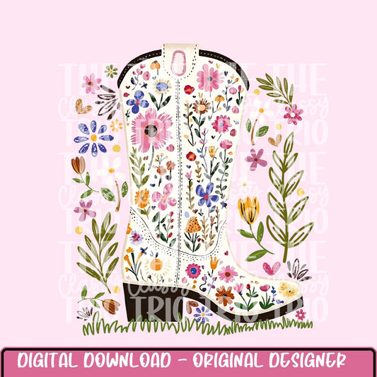Western Floral Cowboy Boot | Digital Design | PNG | Sublimation | Preppy Flowers | Doodle Chalk | Kid Adult Shirt Design | Original Creator