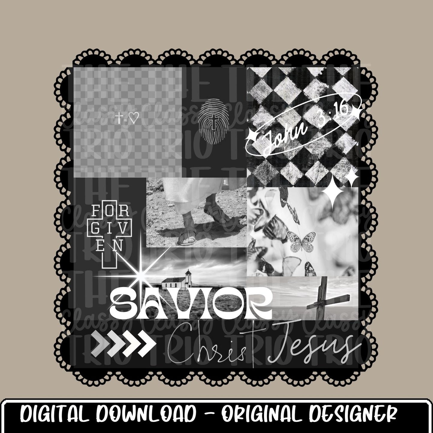 Jesus Black White Collage | Digital Design | PNG | Sublimation | Checkered | Bible | Kid Adult Shirt Design | Original Creator | Scallop