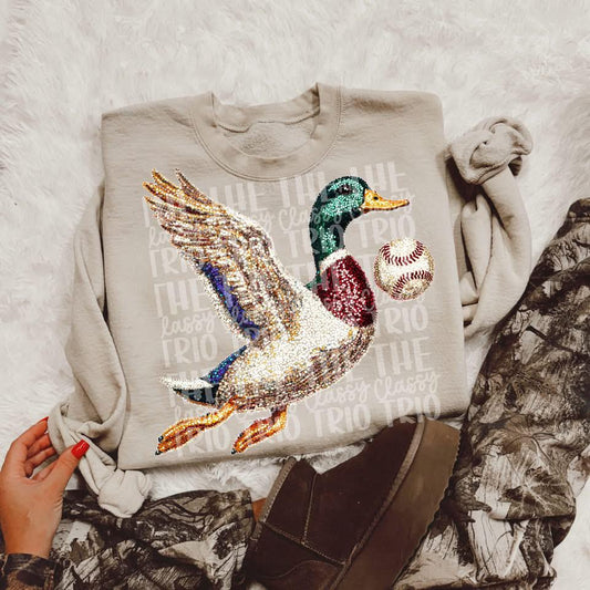 Faux Rhinestone Mallard Duck Flying Baseball | Digital Design | PNG | Sublimation | DTF | Agriculture | Hunting Shirt Design | Trending