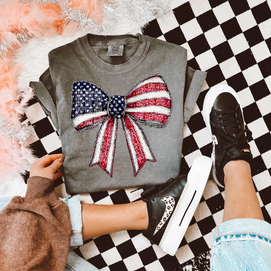 Faux Rhinestone Flag Bow | Digital Design | PNG | Sublimation | DTF | Fourth of July Shirt Design | Dazzle | Trending Coquette | Red White