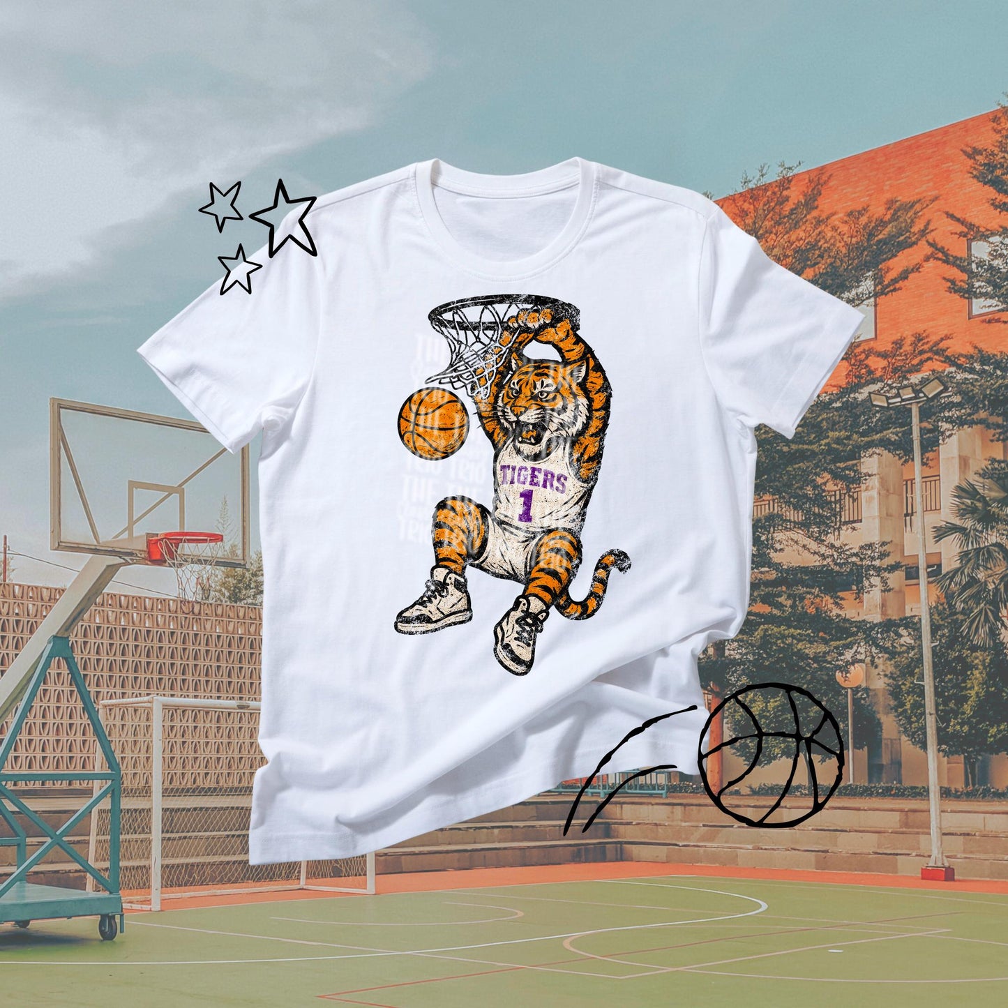 Tigers Purple White Black Basketball Grudge Design: Retro Chalk Mascot PNG (Digital Download)