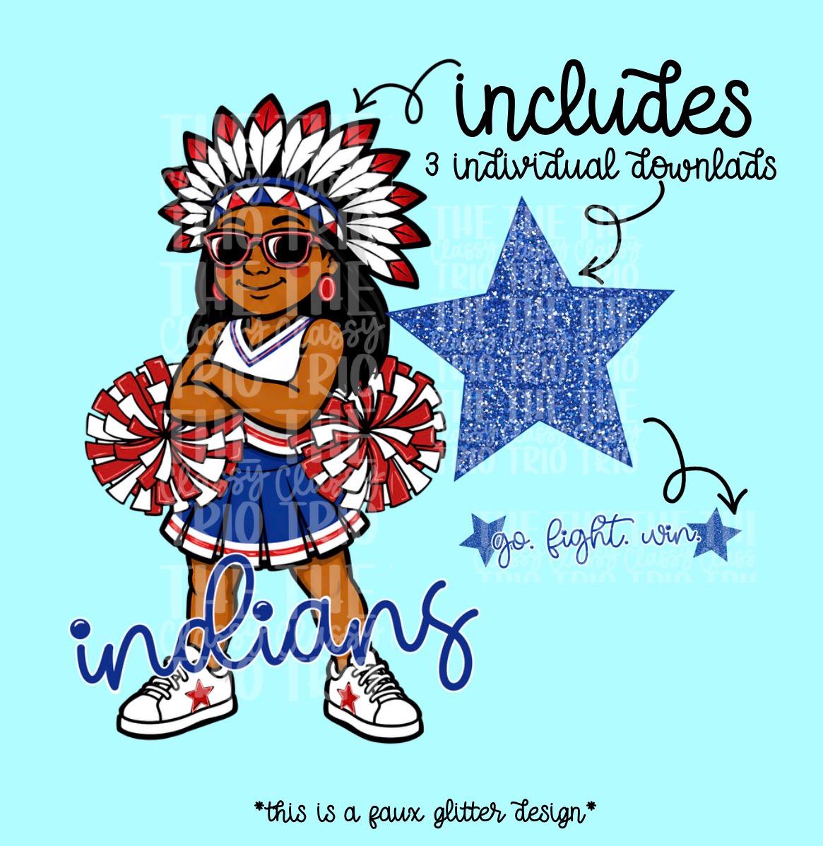 Indians Mascot PNG | Team Spirit Sublimation DTF Design, Blue Red White Cheerleading, School Spirit Wear Trending (Digital File)