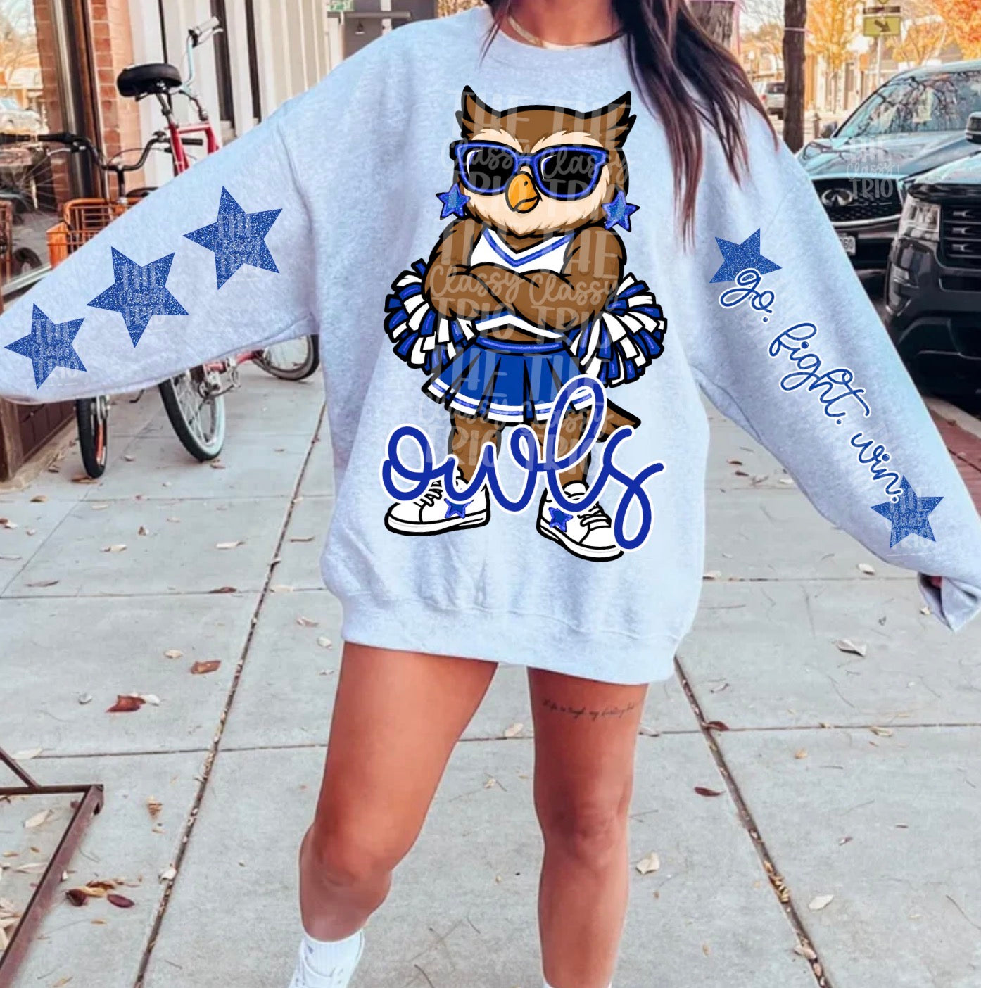 Owls Blue White Cheer Mascot PNG | Team Spirit Sublimation Design, Cheerleading, School Spirit Wear (Digital File)