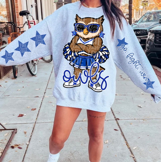 Owls Blue White Cheer Mascot PNG | Team Spirit Sublimation Design, Cheerleading, School Spirit Wear (Digital File)
