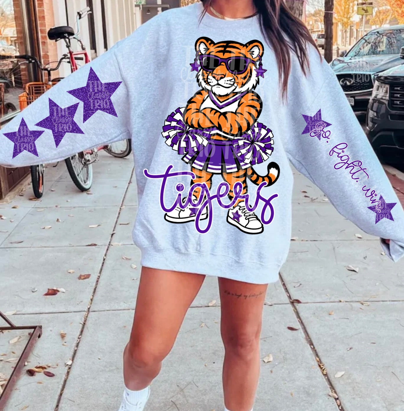 Tigers Mascot PNG | Team Spirit Sublimation DTF Design, Purple White Cheerleading, School Spirit Wear Trending (Digital File)