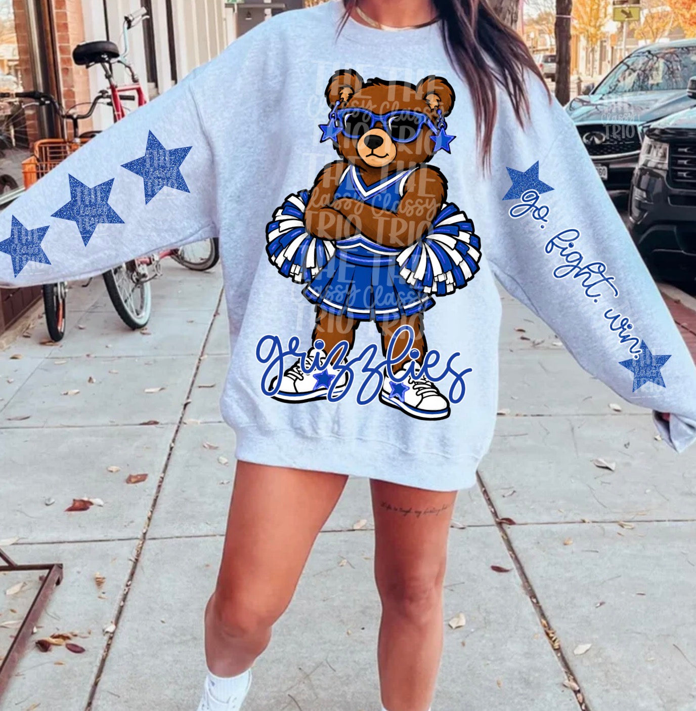 Grizzlies Blue White Cheer Mascot PNG | Team Spirit Sublimation Design, Cheerleading, School Spirit Wear (Digital File)