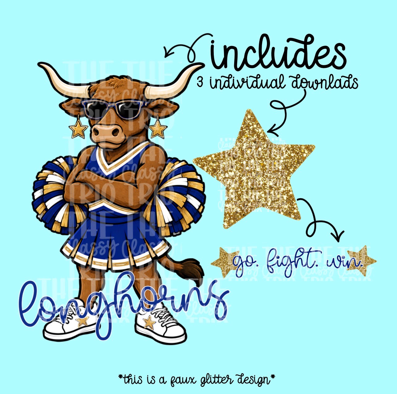 Longhorn Mascot PNG | Team Spirit Sublimation DTF Design, Blue Gold White Cheerleading, School Spirit Wear Trending (Digital File)