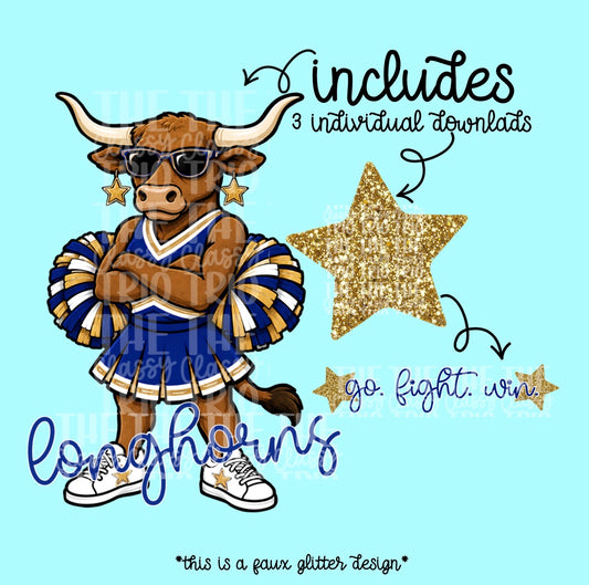 Longhorn Mascot PNG | Team Spirit Sublimation DTF Design, Blue Gold White Cheerleading, School Spirit Wear Trending (Digital File)