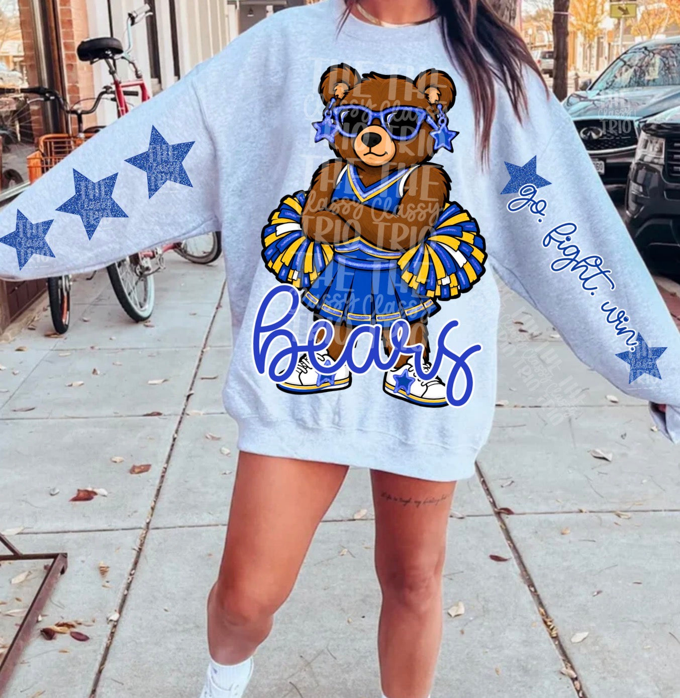 Bears Blue Yellow White Cheer Mascot PNG | Team Spirit Sublimation Design, Cheerleading, School Spirit Wear (Digital File)