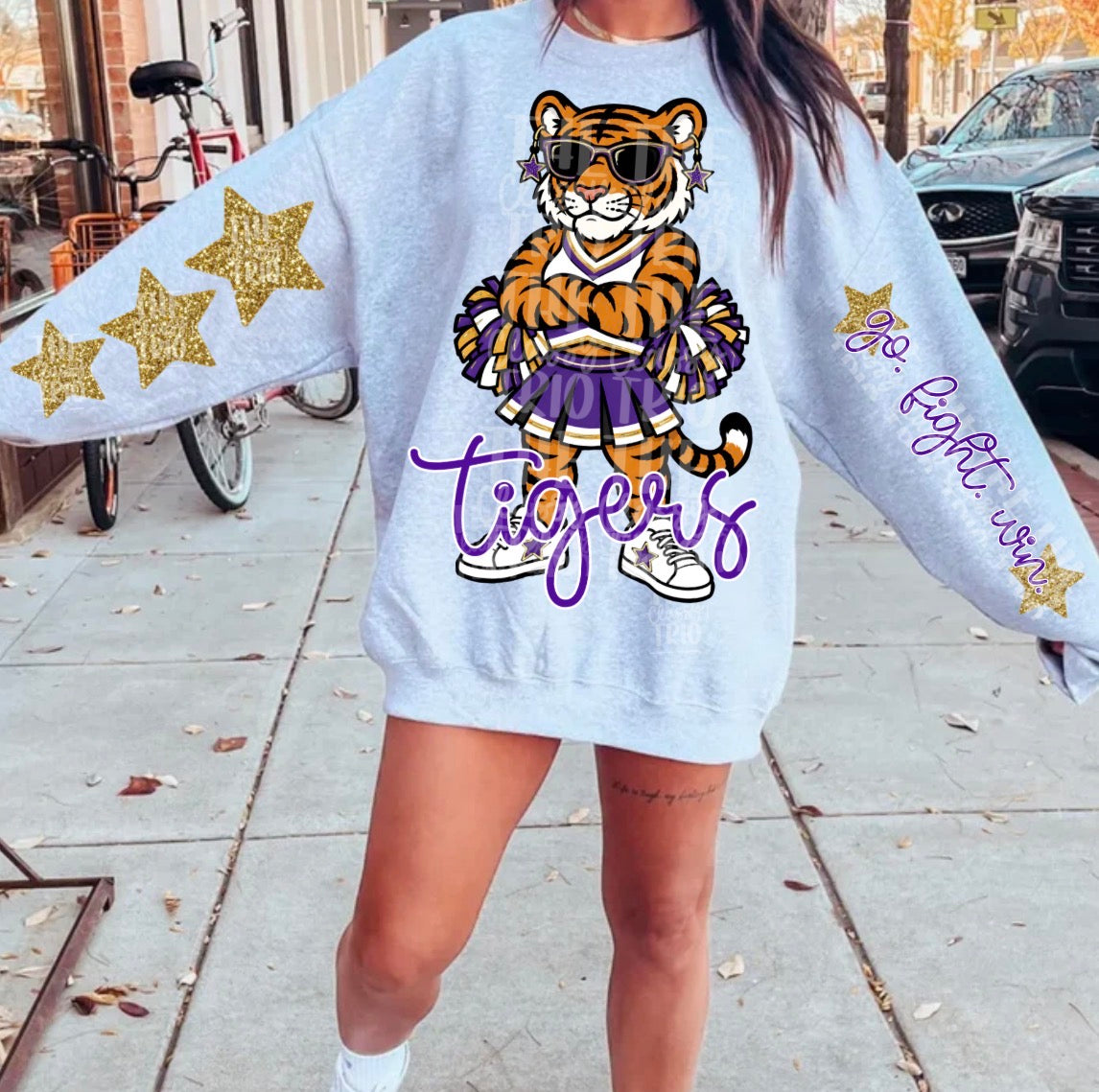 Tigers Mascot PNG | Team Spirit Sublimation DTF Design, Purple Gold White Cheerleading, School Spirit Wear Trending (Digital File)