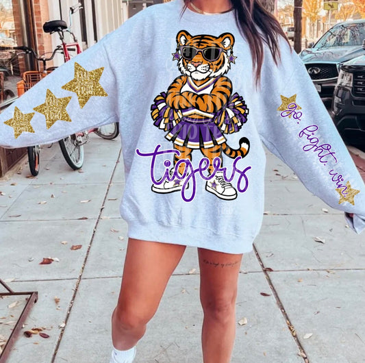 Tigers Mascot PNG | Team Spirit Sublimation DTF Design, Purple Gold White Cheerleading, School Spirit Wear Trending (Digital File)