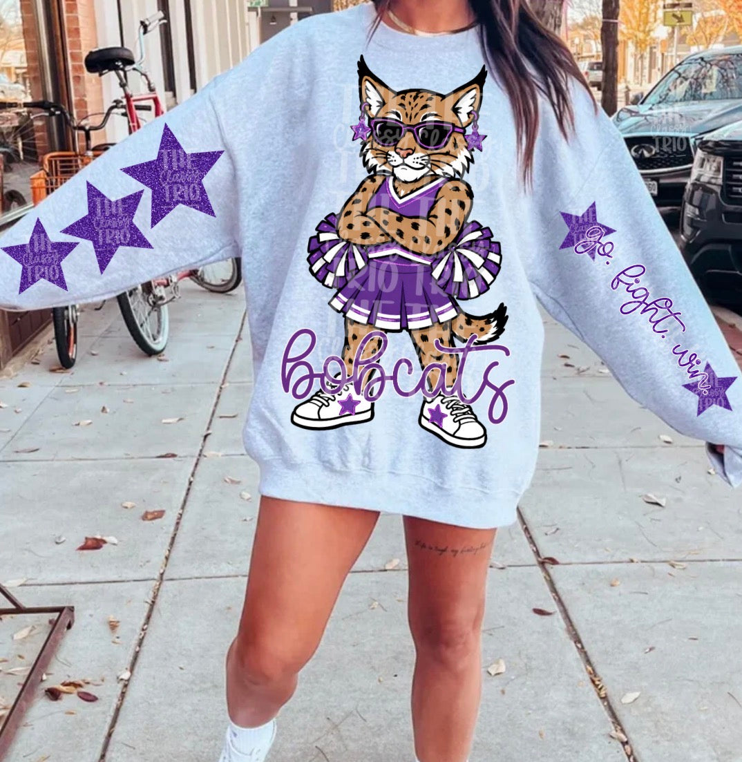 Bobcats Purple White Cheer Mascot PNG | Team Spirit Sublimation Design, Cheerleading, School Spirit Wear (Digital File)