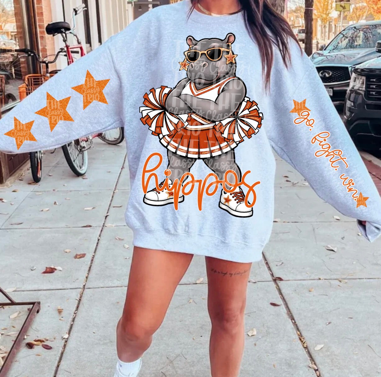 Hippos Cheer Orange White Mascot PNG | Team Spirit Sublimation Design, Cheerleading, School Spirit Wear (Digital File)