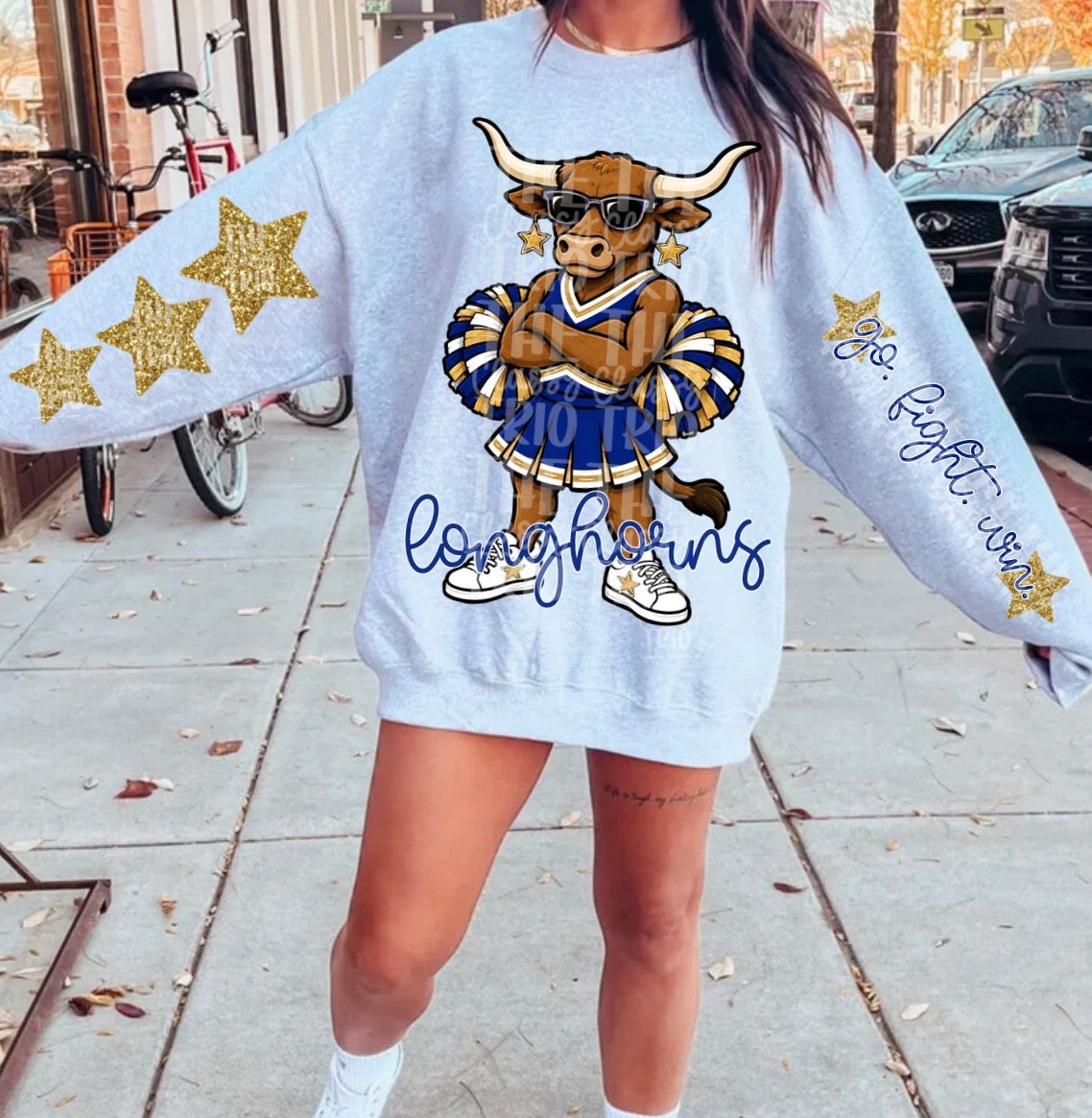 Longhorn Mascot PNG | Team Spirit Sublimation DTF Design, Blue Gold White Cheerleading, School Spirit Wear Trending (Digital File)