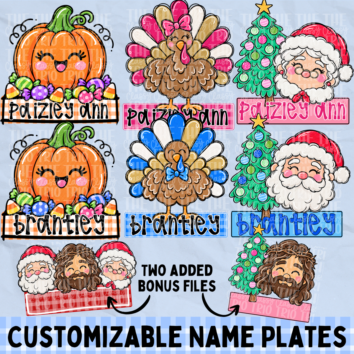 Holiday Bundle Name Plate PNG | Original Designer (Digital Design) Kid Design, Pumpkin, Turkey, Santa, Jesus