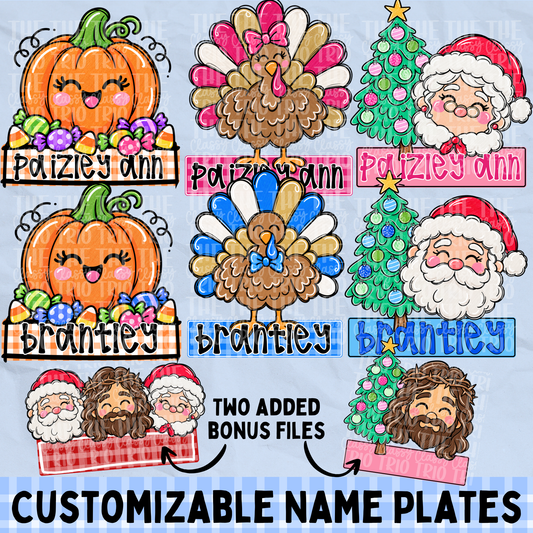 Holiday Bundle Name Plate PNG | Original Designer (Digital Design) Kid Design, Pumpkin, Turkey, Santa, Jesus