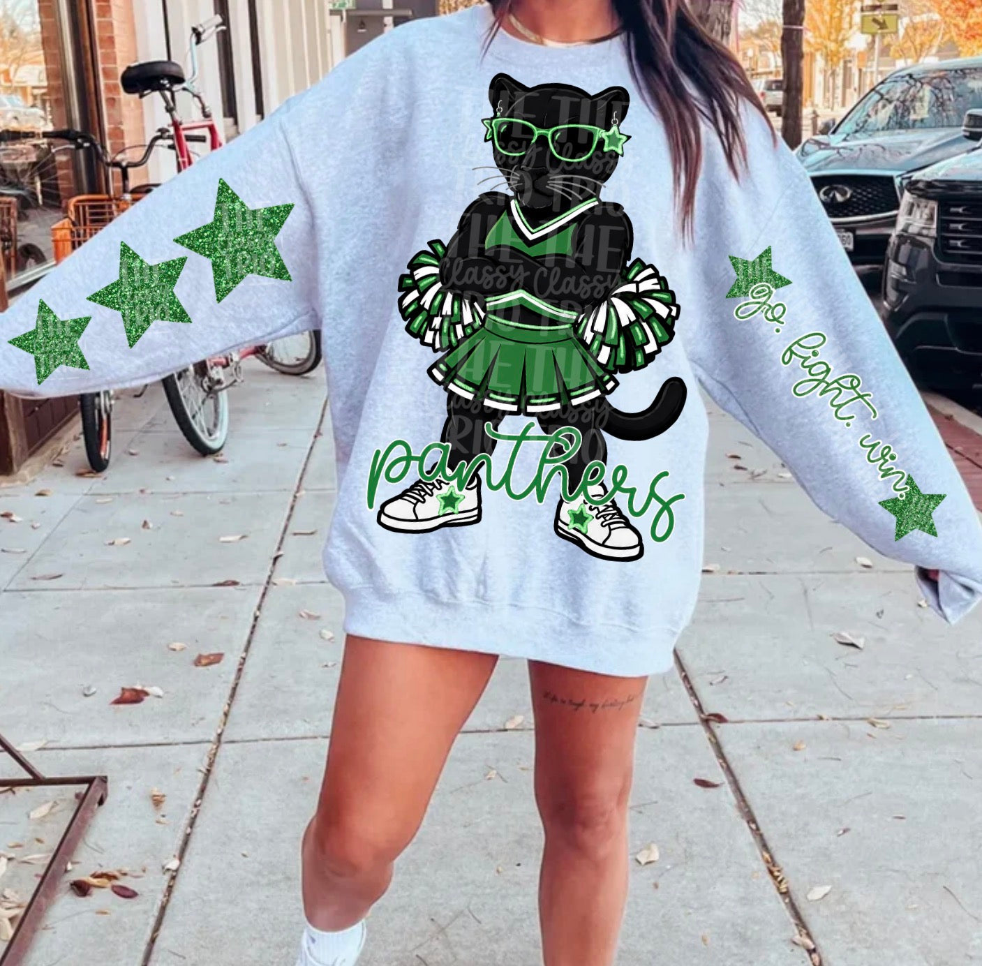 Panthers Cheer Green White Mascot PNG | Team Spirit Sublimation Design, Cheerleading, School Spirit Wear (Digital File)