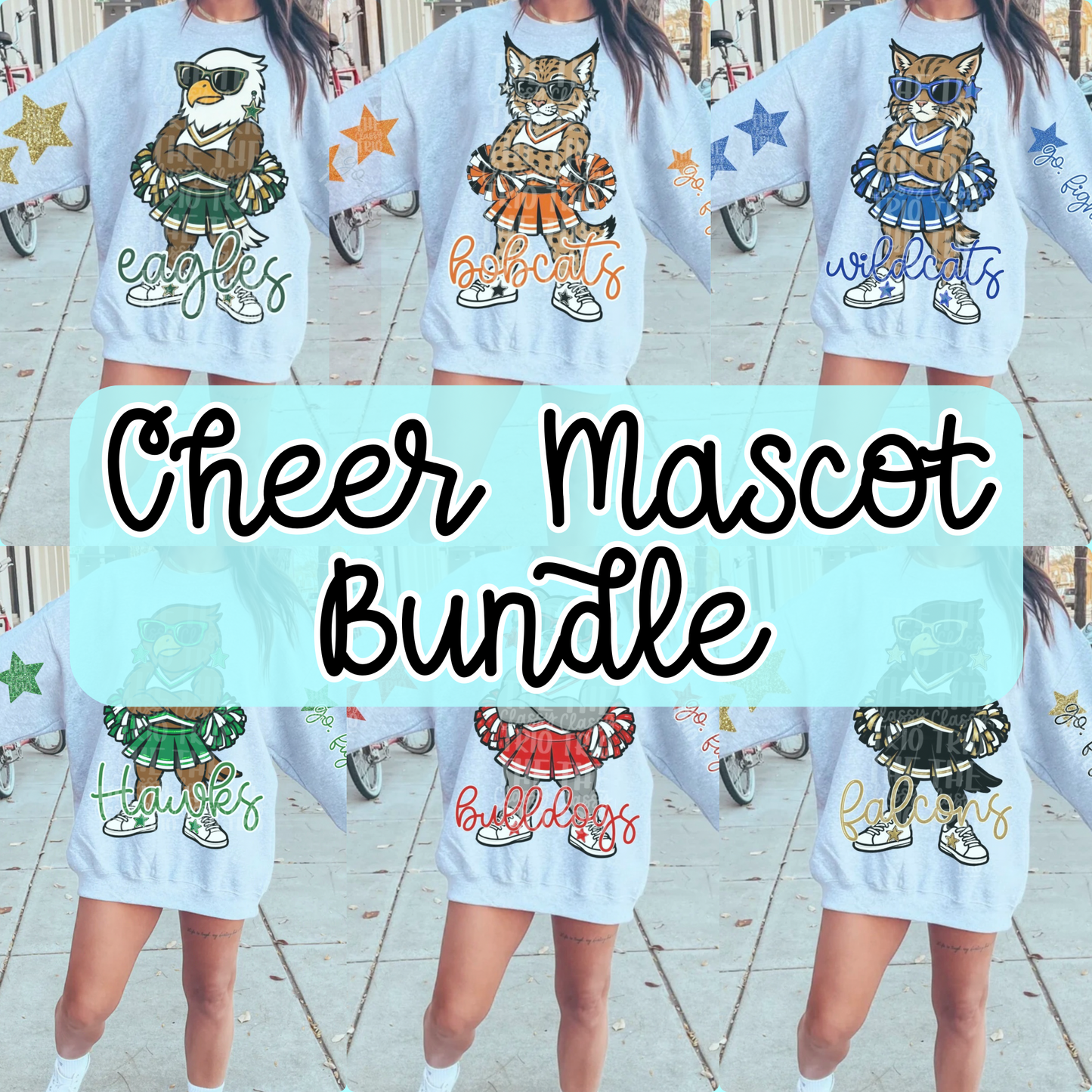 Cheer Mascots Bundle Spirit Wear PNG, Trendy Sleeve Shirt Designs, Faux Glitter, (Digital Design)