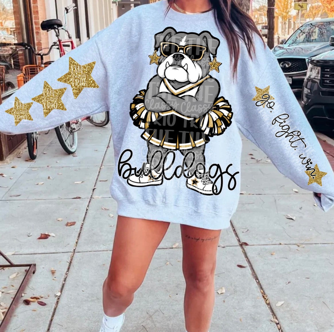 Bulldogs Cheer Gold Black Mascot PNG | Team Spirit Sublimation Design, Cheerleading, School Spirit Wear (Digital File)