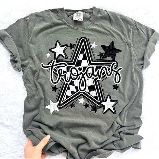 Trojans Checkered Star Mascot PNG | Sports Mom Coquette Design | Game Day Shirt PNG | Team Spirit Mascot | School Spirit Digital | Trendy