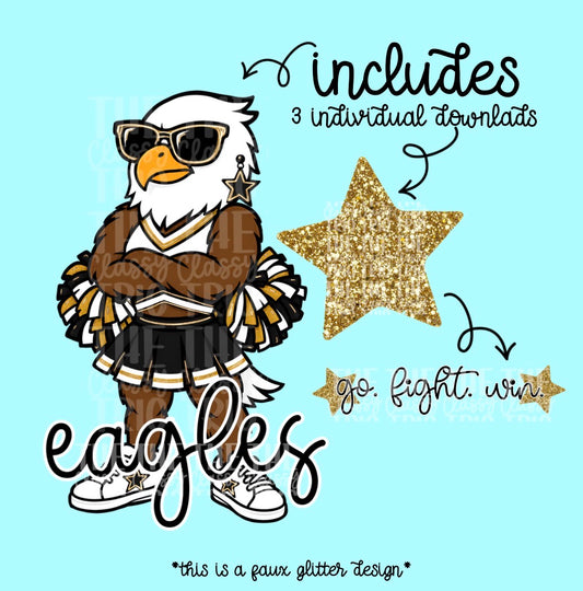 Eagles Mascot PNG | Team Spirit Sublimation Design, Black Gold Cheerleading, School Spirit Wear (Digital File)