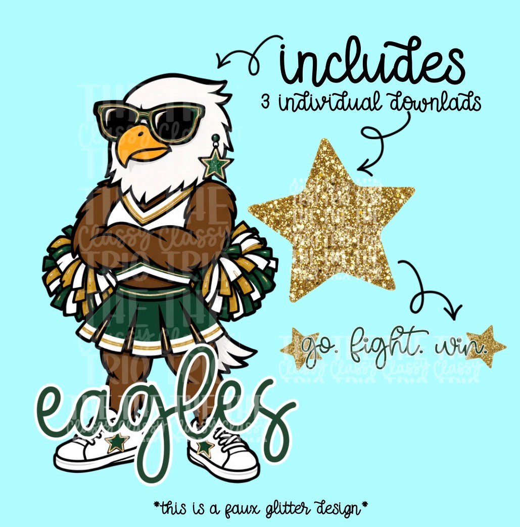 Eagles Mascot PNG | Team Spirit Sublimation Design, Green Gold Cheerleading, School Spirit Wear (Digital File)