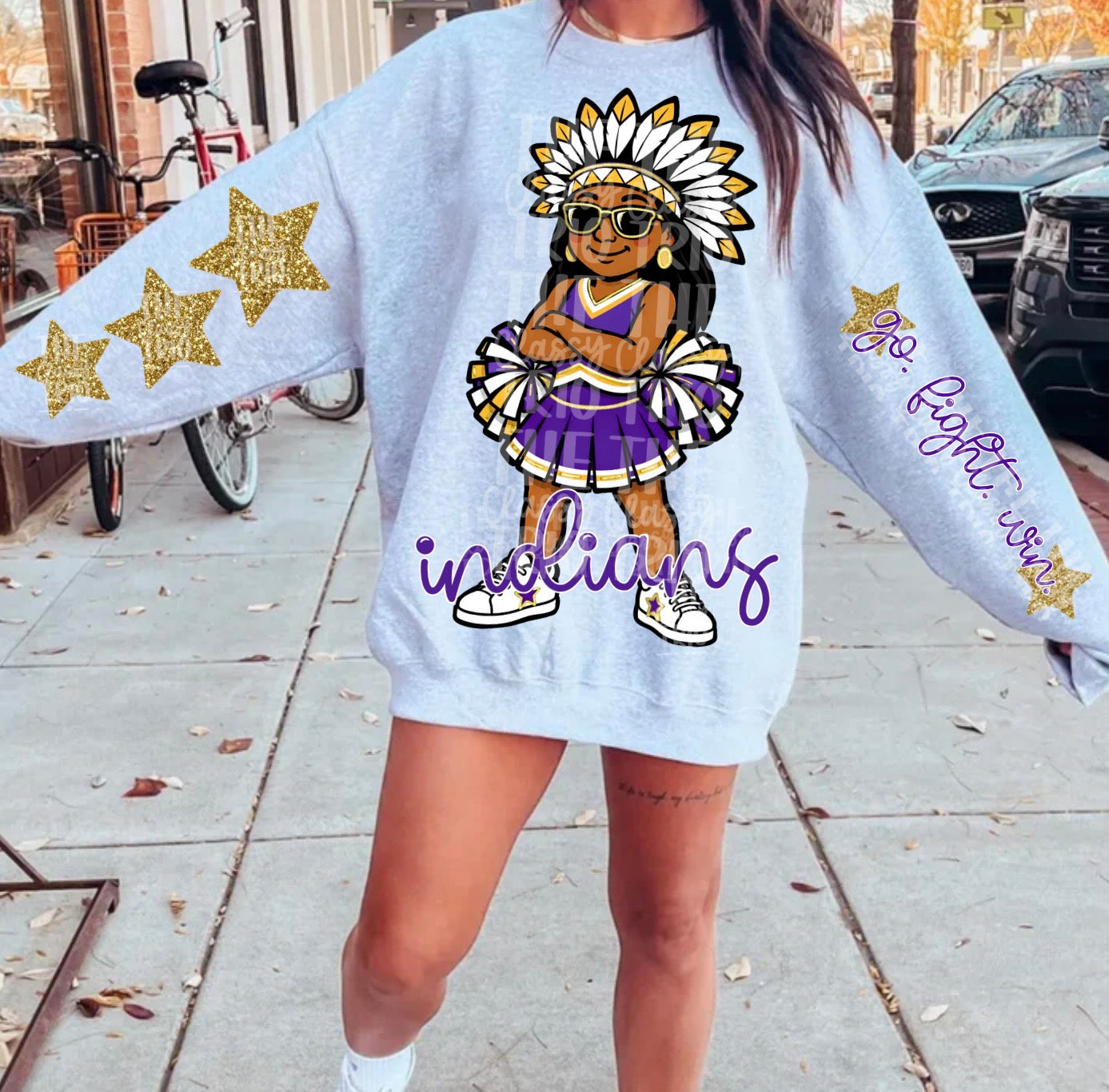 Indians Purple Gold Cheer Mascot PNG | Team Spirit Sublimation DTF Design, Cheerleading, School Spirit Wear Trending (Digital File)