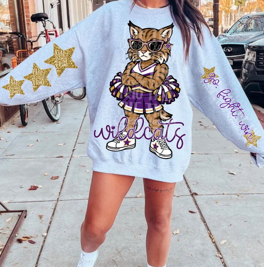 Wildcats Purple Gold Mascot PNG | Team Spirit Sublimation Design, Cheerleading, School Spirit Wear (Digital File)