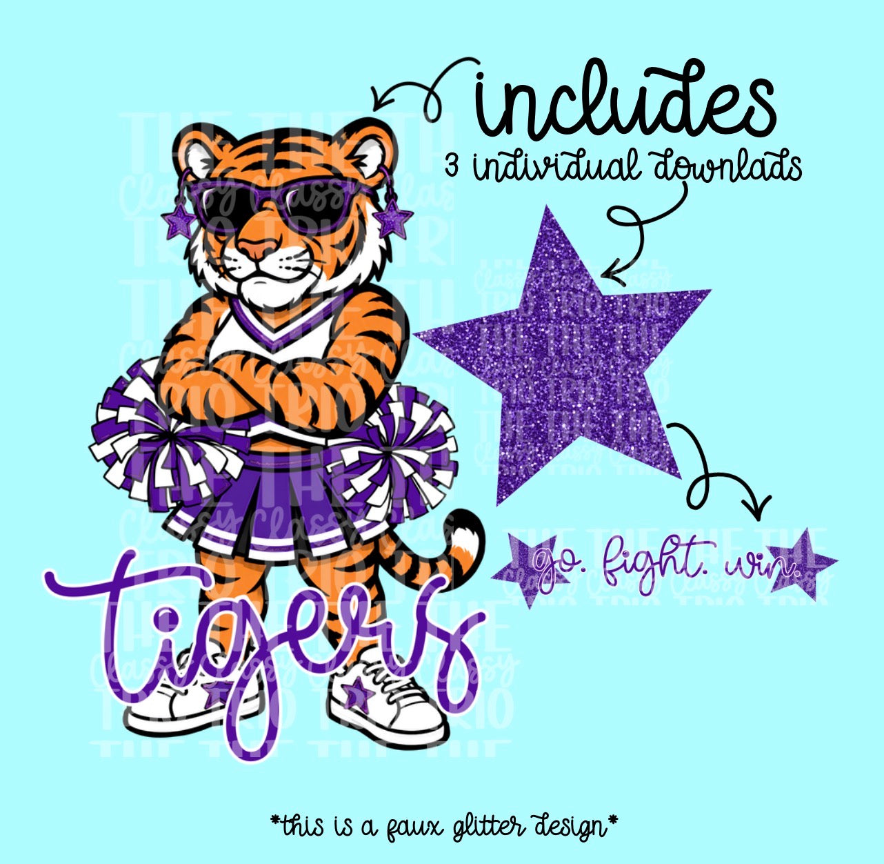 Tigers Mascot PNG | Team Spirit Sublimation DTF Design, Purple White Cheerleading, School Spirit Wear Trending (Digital File)