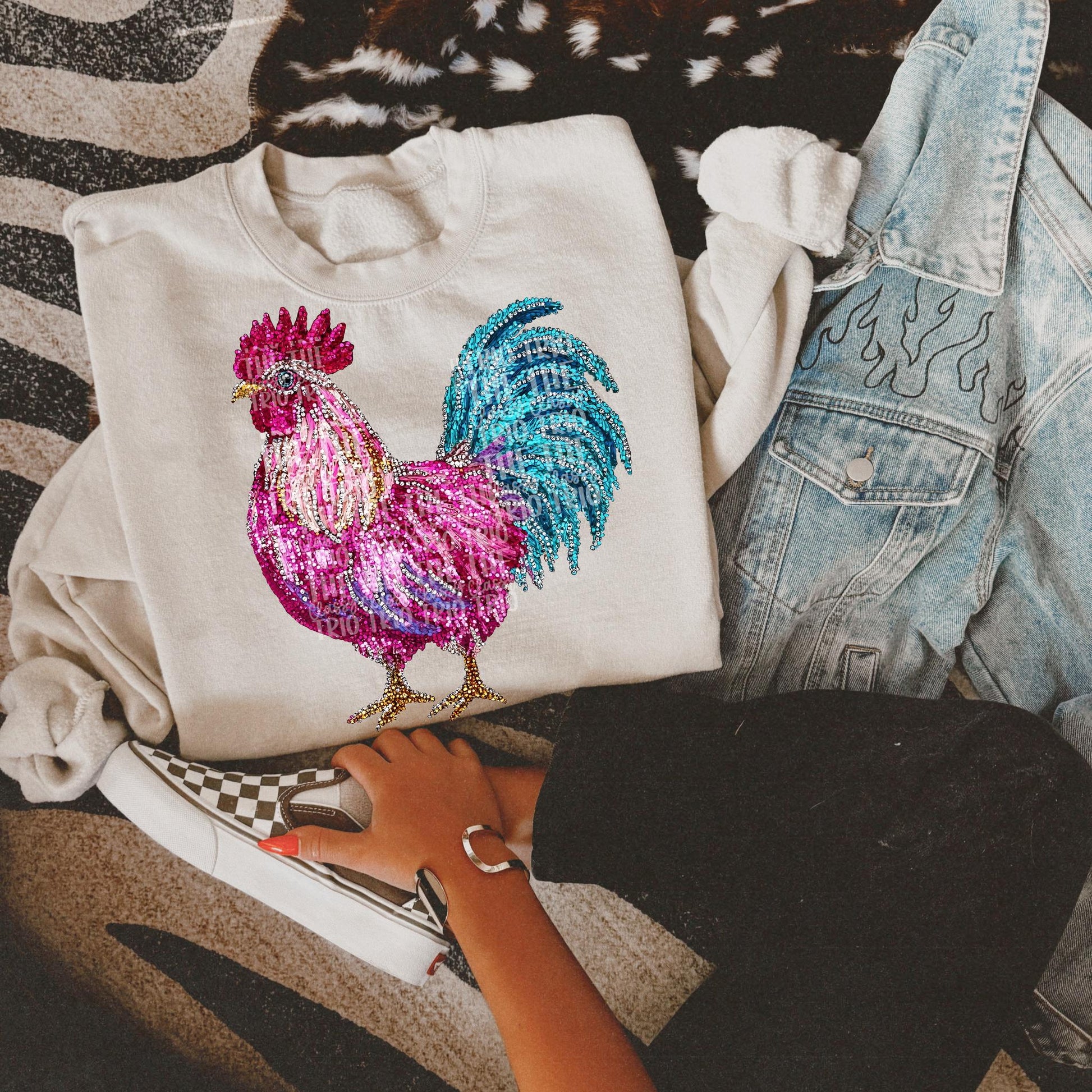 Faux Rhinestone Chicken Rooster | Digital Design | PNG | Sublimation | DTF | Agriculture | Pink Turquoise Shirt Design | Country | Trending