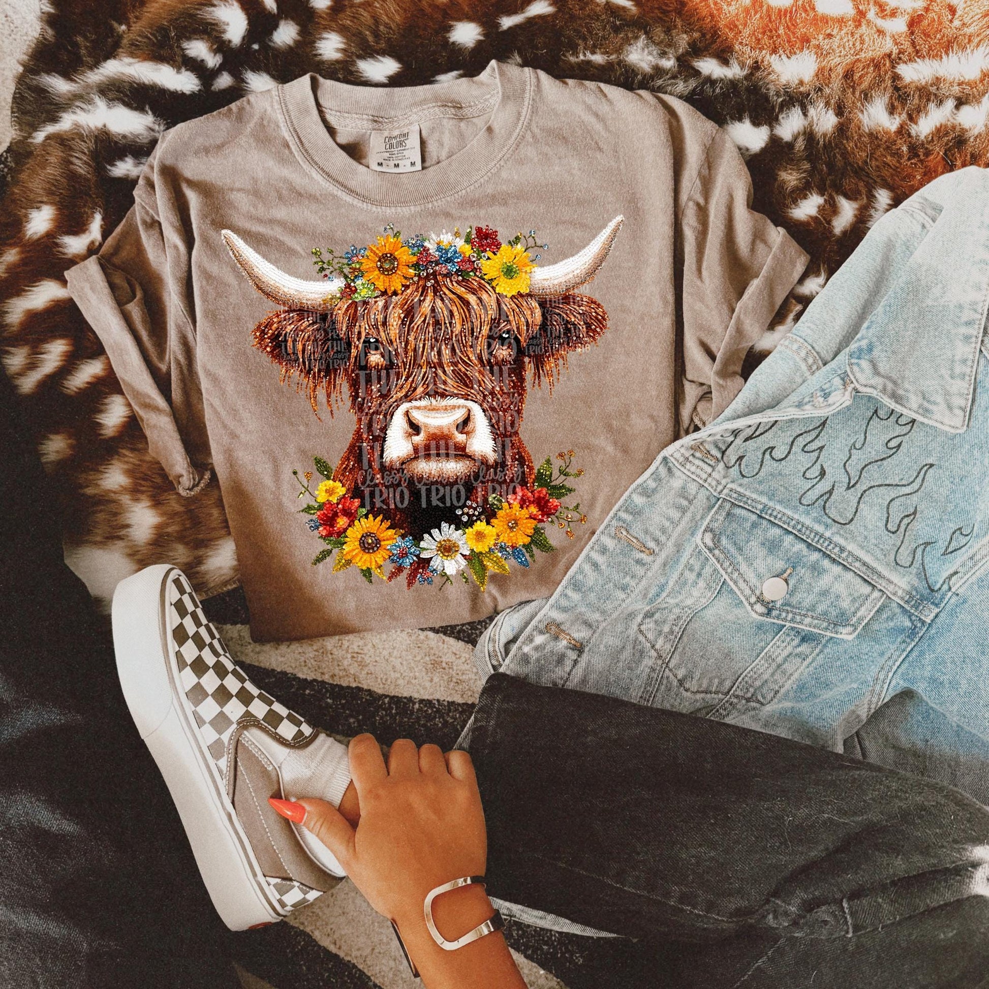 Faux Rhinestone Highland Cow Floral | Digital Design | PNG | Sublimation | DTF | Cow | Hunting Shirt Design | Country | Trending