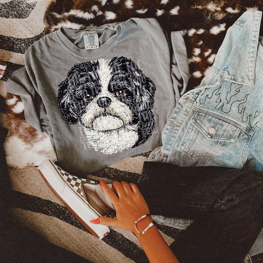 Faux Rhinestone Shihtzu Dog | Digital Design | PNG | Sublimation | DTF | Dog Breed | Shirt Design | Black and White | Trending