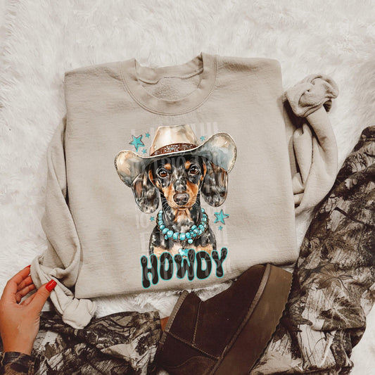 Howdy Turquoise Dachshund dog, | Digital Design | PNG | Sublimation | Western | Dog | Shirt Design | Cowboy Hat Puppy | Turquoise | Dotson