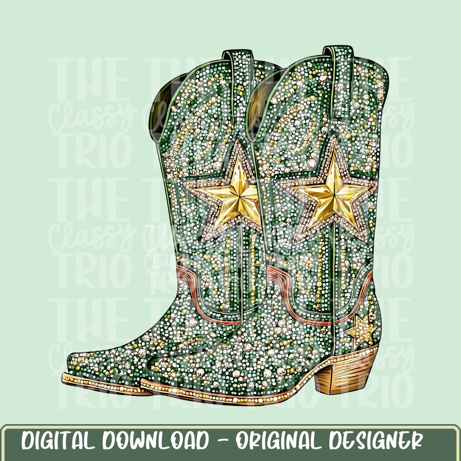 Faux Rhinestone Green Gold Cowboy Boots | Digital Design | PNG | Sublimation | DTF | St Patricks Day | Western Shirt Design | Trending