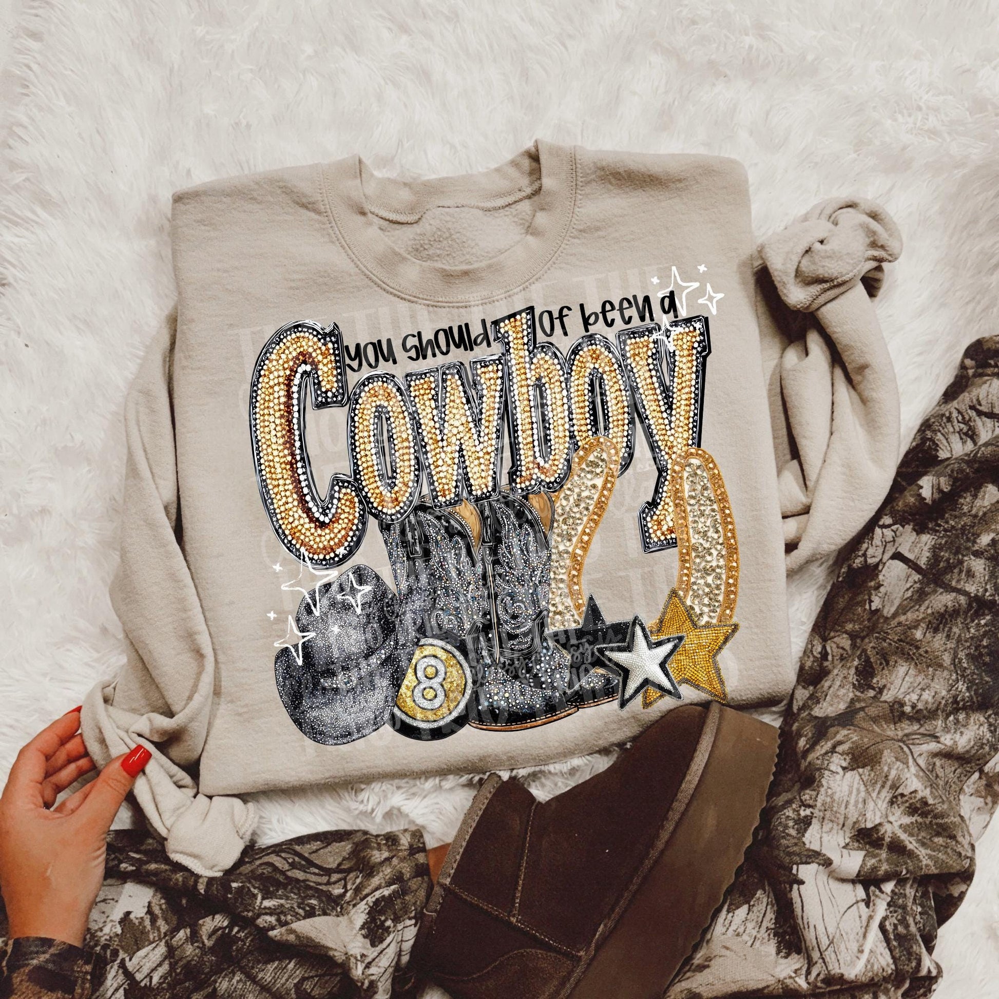 Should of Been A Cowboy Faux Rhinestone | Digital Design | PNG | Sublimation DTF | Retro Western | Country Shirt Design | Trend Shirt |