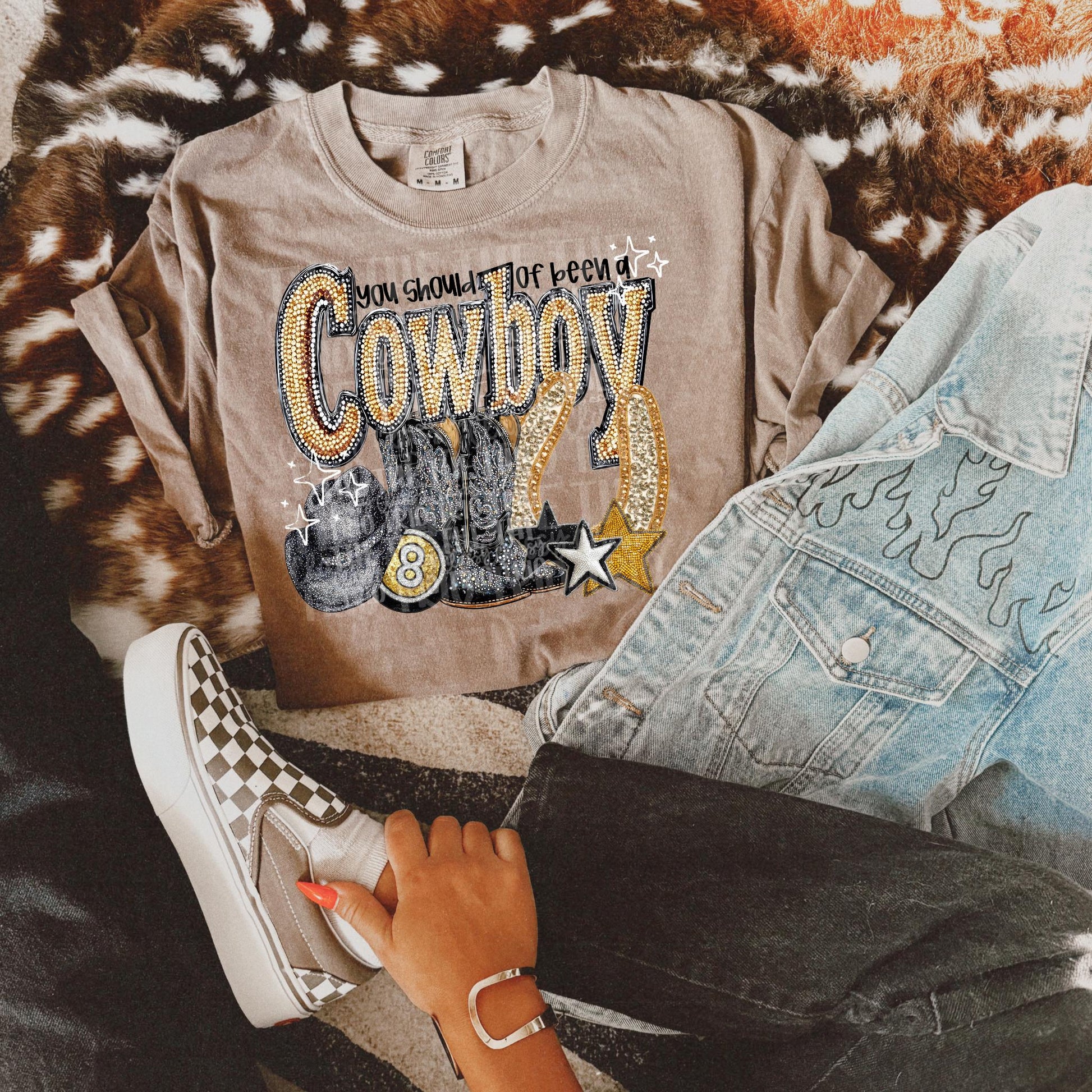 Should of Been A Cowboy Faux Rhinestone | Digital Design | PNG | Sublimation DTF | Retro Western | Country Shirt Design | Trend Shirt |